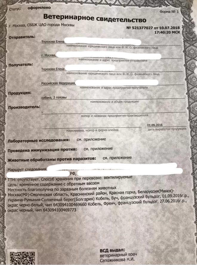 Ветеринарное свидетельство Ф1